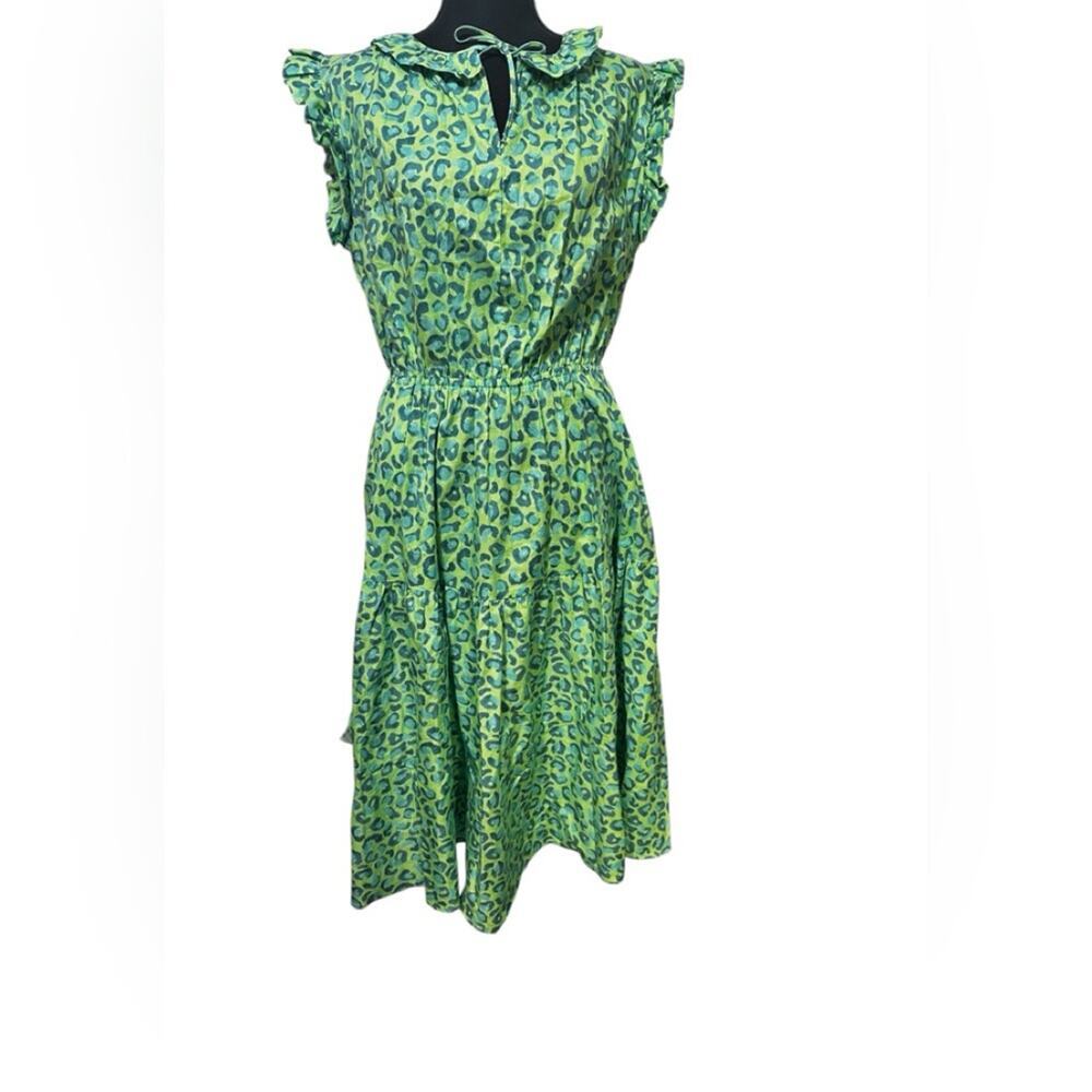 TUCKER NYC Dani Dress Midi Tiered Ruffles‎ Hugs & Kittens Cotton Print Green